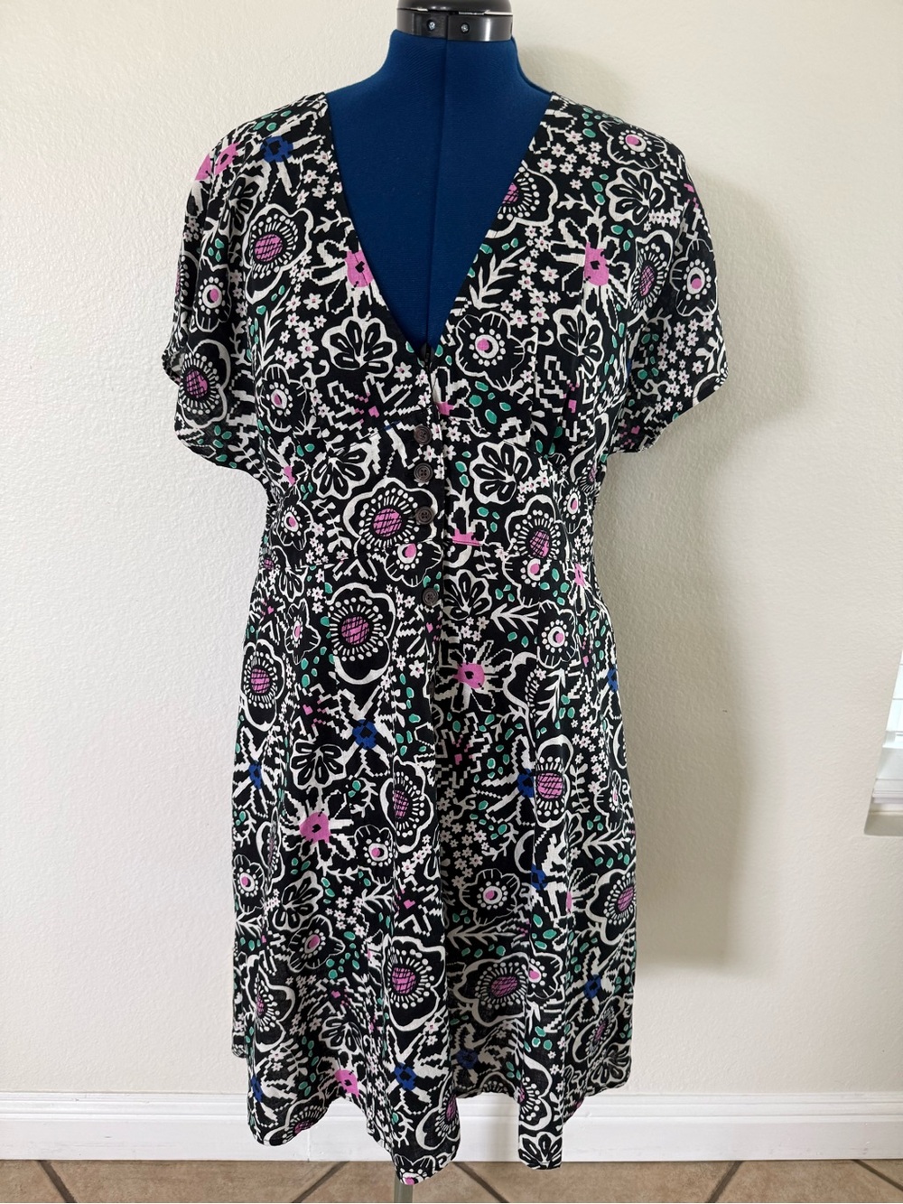 Marine Layer Black Floral V-Neck Dress with Pink, Teal & Blue Accents